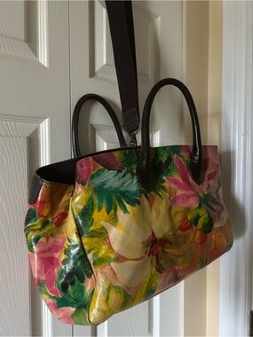Maurizio Taiuti Floral Leather Tote in Yellow, Pink & Green